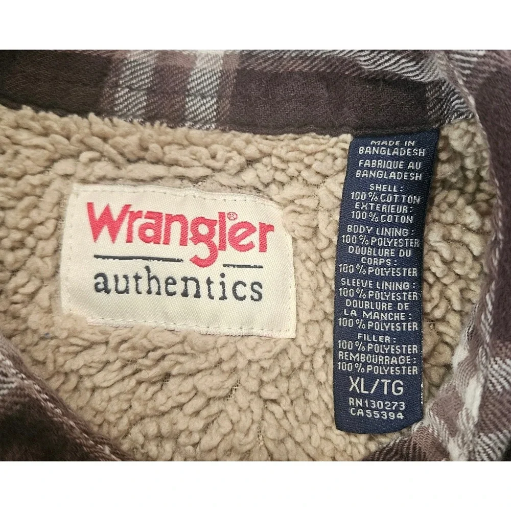 Wrangler Flannel Shirt Mens XL Brown Plaid Sherpa Lined Jacket Heavy